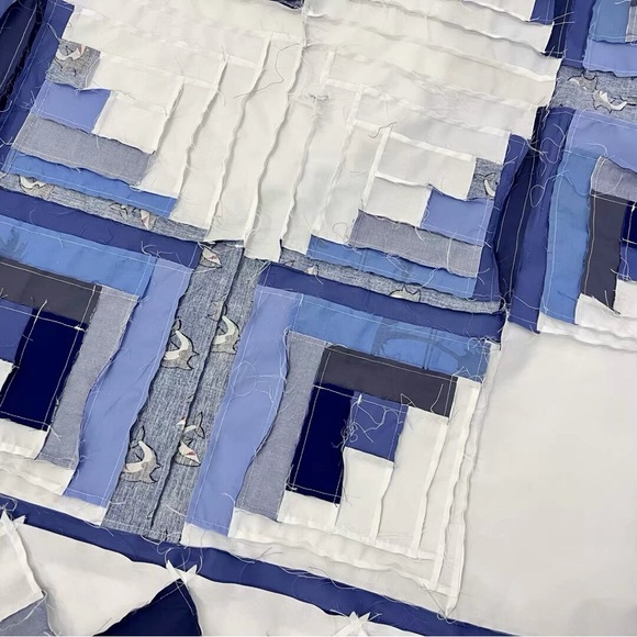 Blue Gazing Log Cabin Patchwork Cotton fabric Queen size Quilt Top/Topper - Picture 4 of 4